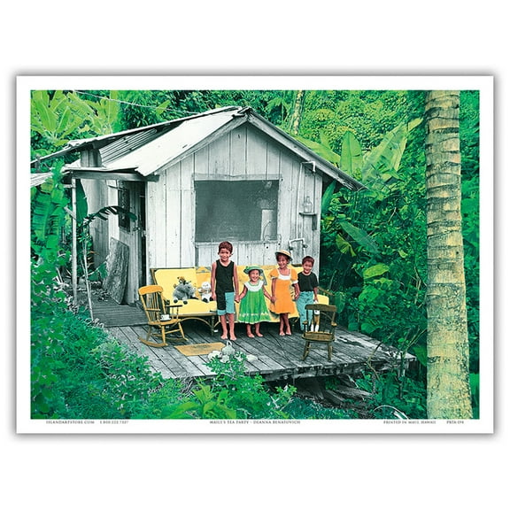 Maile’s Tea Party - Hawaiian Children (Keiki) playing at their Jungle Home (Hale) - From an Original Hand Colored Photograph by Deanna Benatovich - Master Art Print (Unframed) 9in x 12in