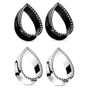 Zaya Body Jewelry 2 Pairs CZ Cubic Zirconia Gem Plugs Black Plated Steel Oval Tear Drop gauges - size=9/16" 14mm