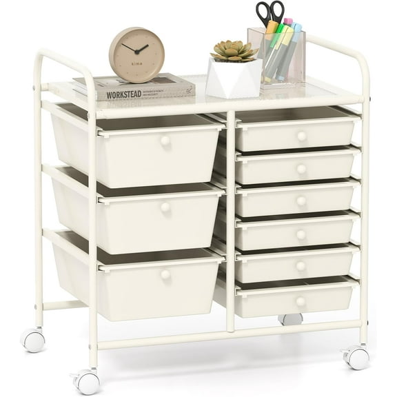 LINJH 9-Drawer Rolling Storage Cart, Mobile Utility Cart with Removable Drawers & Metal Frame, Art Craft Organizer Cart with Lockable Wheels-9-Drawer White