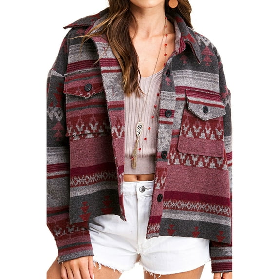 Seyurigaoka Women Juniors Wool Jacket, Vintage Print Long Sleeve Lapel Cardigan with Pockets