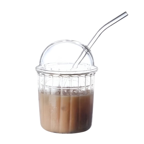 BPPEG 15oz Glass Coffee Cup with Dome Lid & Straw - Wide Mouth Reusable Milkshake Glass - Borosilicate Iced Drink Tumbler for Home,Office,Bar - 450ml Capacity - Gift Ready for Parties & Holidays