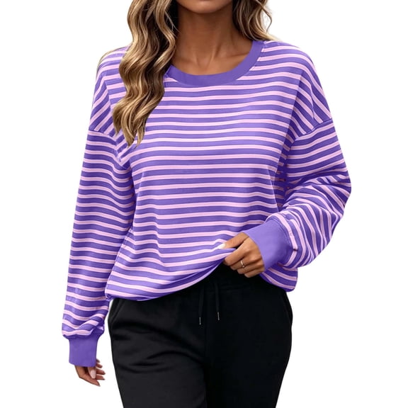 Enjoytime Striped Crewneck Sweatshirts Women Long Sleeve Pullover Tops Fall Fashion Solid Trendy Clothes