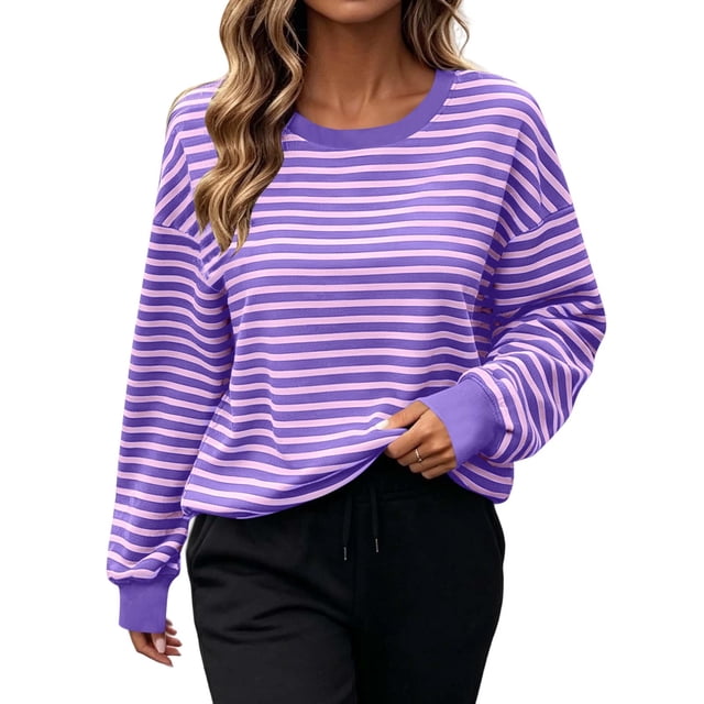 LLYWEY Sudadera de Mujer con Cuello Redondo a Rayas, Suéter con Capucha de Manga Larga Corte Holgado Casual de Otoño Color Morado Talla XL