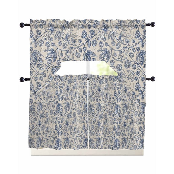 Blue Flowers Swag Kitchen Curtains Sets for Windows 24 Inch Length, Retro Rustic Botanical Floral Leaves Vines Short Window Curtain Panels Swags Valances and Tiers 3 Piece Set for Cafe/Dining Room