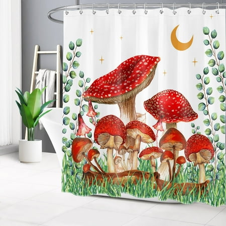 HVEST Mushroom Shower Curtain Green Eucalyptus Leaves and Retro Mushrooms Botanical Bathroom Curtain, Boho Moon and Star on White Shower Curtain with Hooks, 69W X 70L Inches