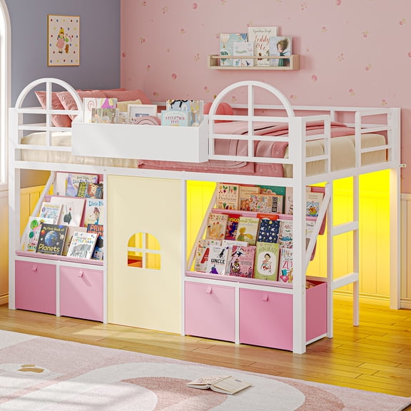Low Loft Bed Twin Size with 2 Bookshelves & 4 Storage Drawers, Metal Twin Loft Bed with 18.9” Arch Guardrails, Loft Twin Bed with Lights & Bedside Organizer, Under-Bed Play Space, White
