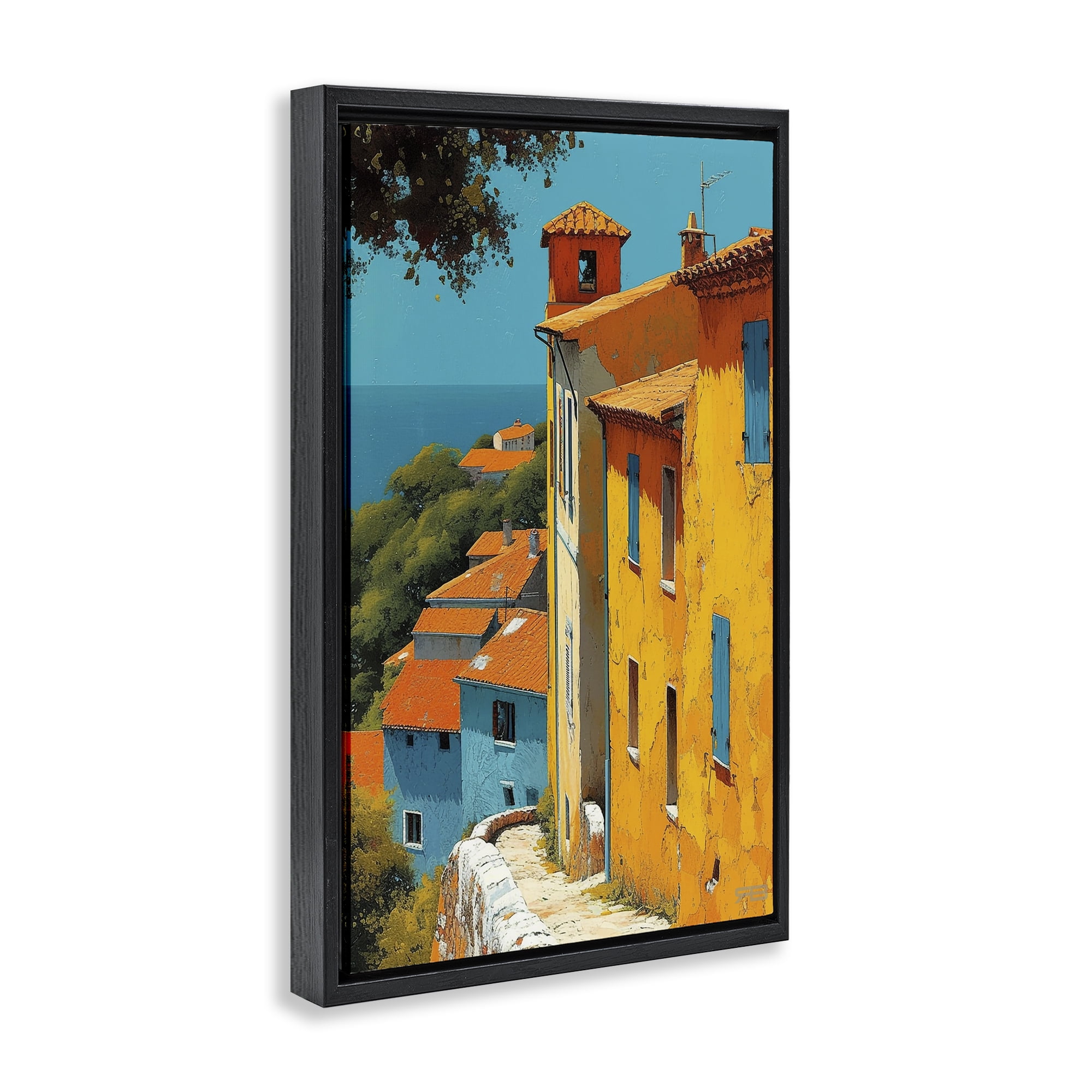 Stupell Industries Tall Buildings by Sea Buildings & Architecture Painting Black Floater Framed Canvas Art Print Wall Art, 17 x 25
