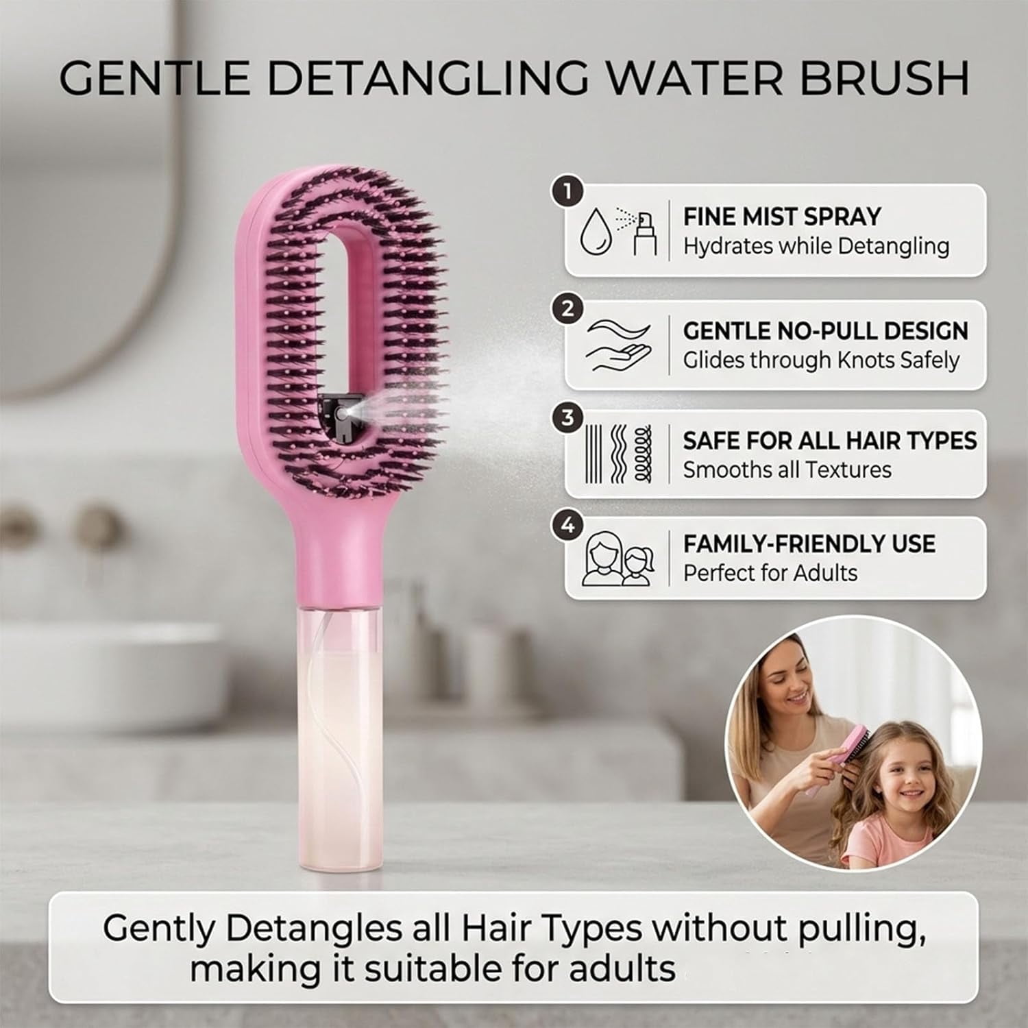 Hair Brush with Water Spray, 2-in-1 Detangling Spray Brush for Wet & Dry Hair, Hydrating Hairbrush Mister, Straight & Curly Hair Styling Comb (Black)