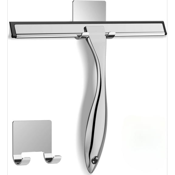 All-Purpose Stainless Steel Shower Squeegee for Shower Glass Door with 2 Adhesive Hooks, Bathroom Cleaner Tool Household Window Mirror Squeegee , Cleaning Tile Wall, Car