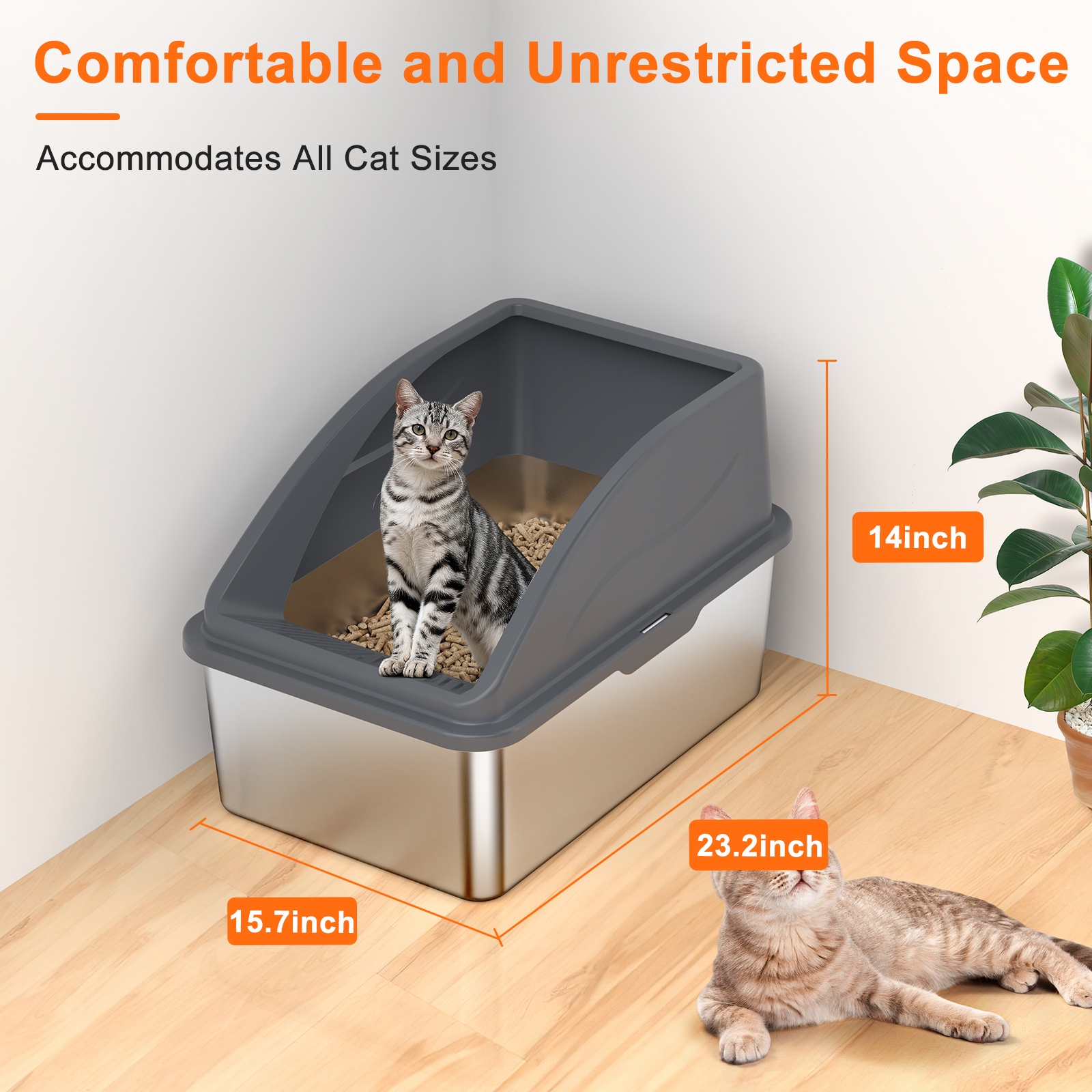 Extra Large Stainless Steel Sifting Litter Box for Pine Pellet Litter, XL Cat Litter Box with Sifter for Large Cats, Non-Clumping System, High-Sided, Anti-Leakage, Non-Stick, Dark Gray