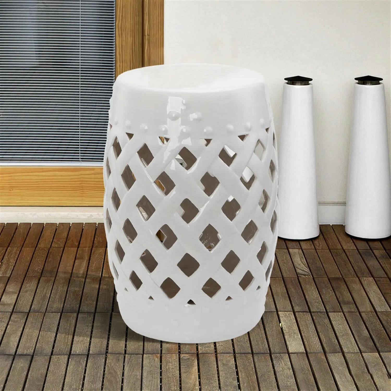 Demi Bonn 12" Large Outdoor Ceramic Stool with Intricate Lattice Design, Decorative Stool for Garden or Patio, White
