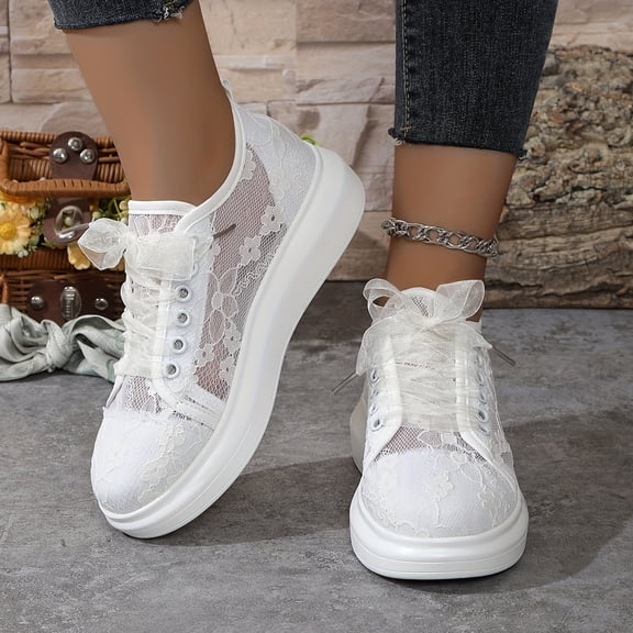 Domuza Wedding Shoes Lace Bridal Sneakers Platform Bride Tennis Shoes Sparkling Rhinestone Sneakers White 8.5(EU-41)