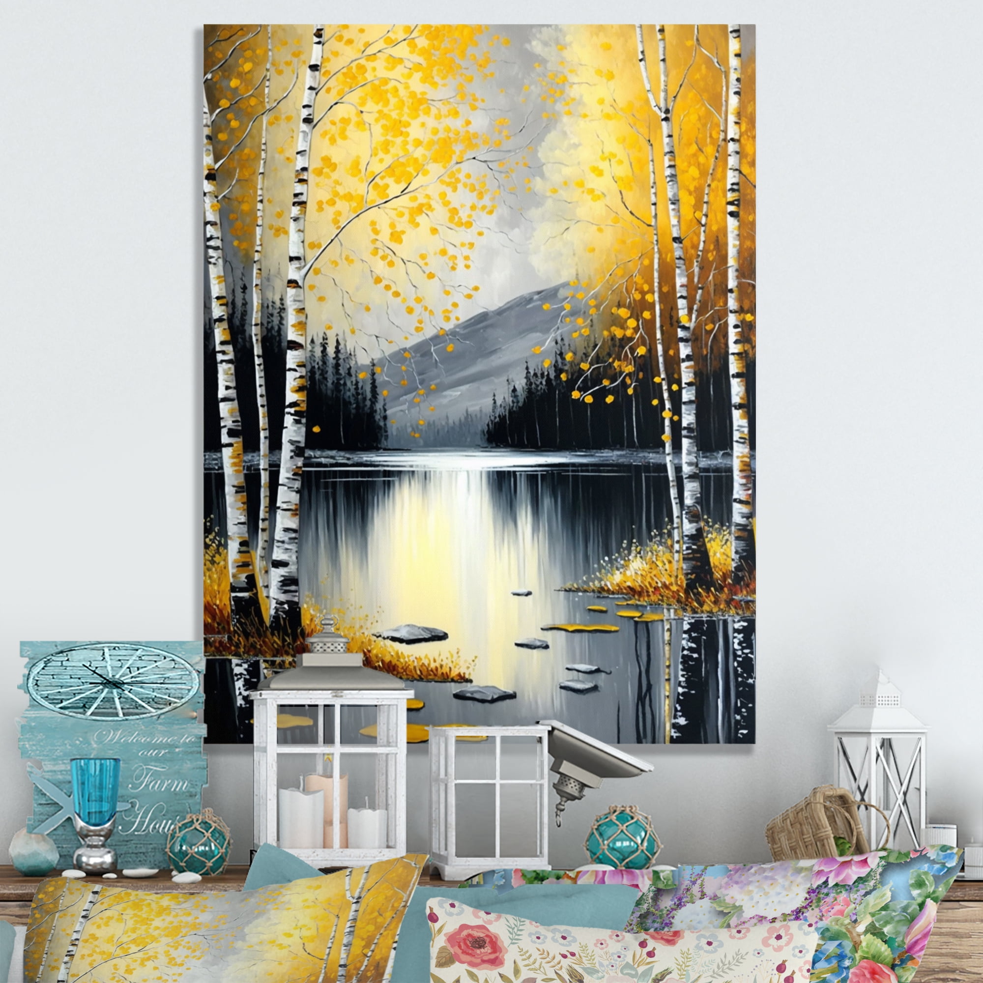Designart Monochrome Golden Birch Trees By The Lake I Canvas Wall Art