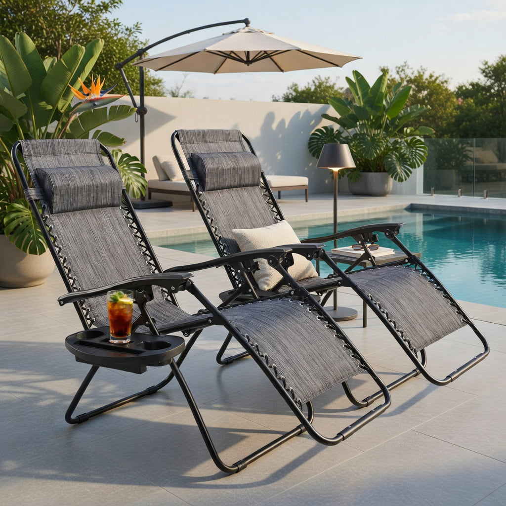 Hommoo 2-Pack Zero Gravity Folding Lounge Chairs with Adjustable Headrests, Breathable Waterproof Fabric, Heavy-Duty Steel Frame, Gray