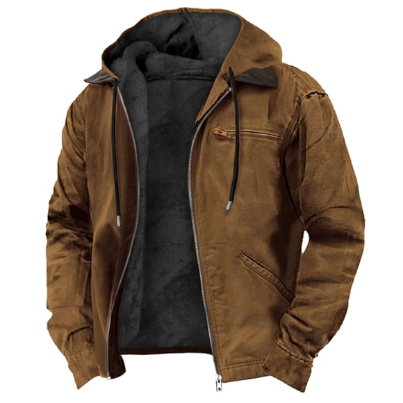Ecqkame Men's Thickened Jackets Winter Warm Velvet Lined Hooded Coats Solid Color Long Sleeved Zip Hooded Outerwear Brown L