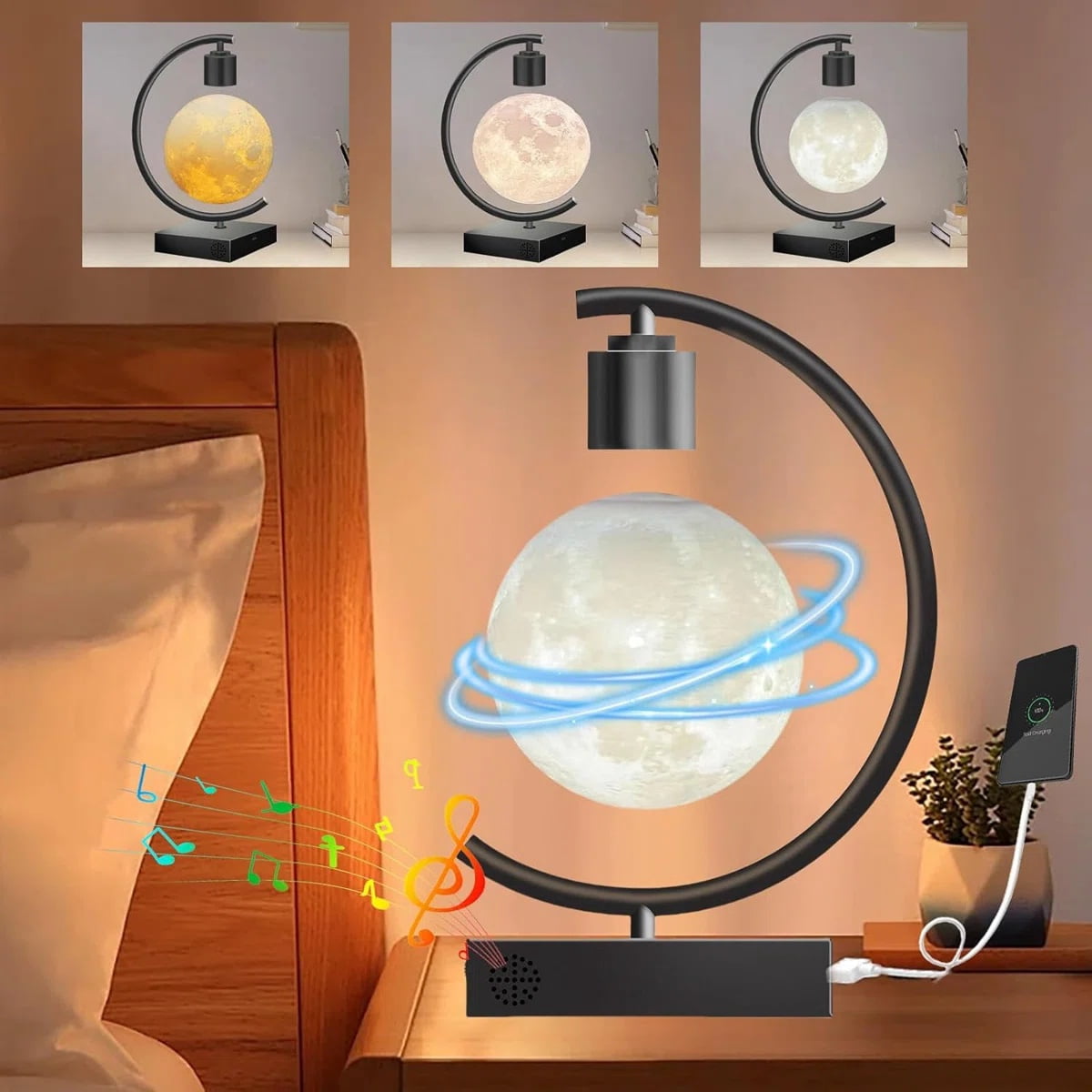 Magnetic Levitating Moon Desk Lamp with Bluetooth Speaker, 3-Color Light, Home Office Decor & Unique Gift
