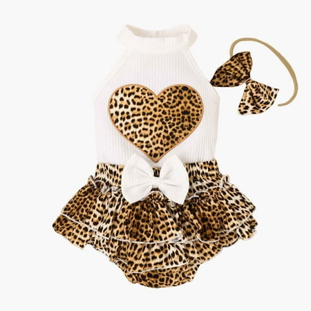 

Specollect Toddler Baby Girl Pajamas Girl s Crew Neck Hanging Love Leopard Print Bow Tie Buttocks Skirt Pants Rompers Jumpsuit Girls Clothing 2024