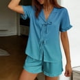 thumbnail image 4 of Gytharion Women's 2 Piece Pajama Sets Lapel Lace Up Ruffled Shirts and Elastic Waist Shorts Ladies Fashion Gradient Lounge Sets, 4 of 5
