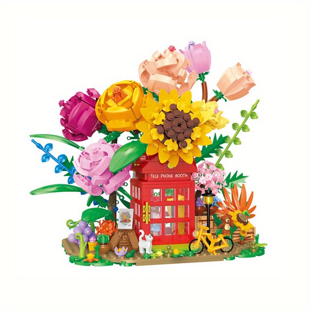 1208 Pieces Of Small Particles Building Blocks Eternal Flower Telephone Booth Street Scene Puzzle Three-dimensional Puzzle Toy Building Blocks Ornaments