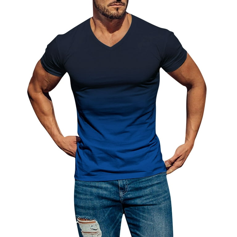 Blue Compression Shirts For Men Mens Spring Summer Casual Sports  Comfortable Soft Gradient Solid Color Slim Short Sleeve V Neck T Shirt