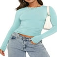 thumbnail image 1 of Femmes Manches Longues T-Shirt Col Rond Mince Crop Top Causal Solide Y2k Pull-Over Top, 1 of 6