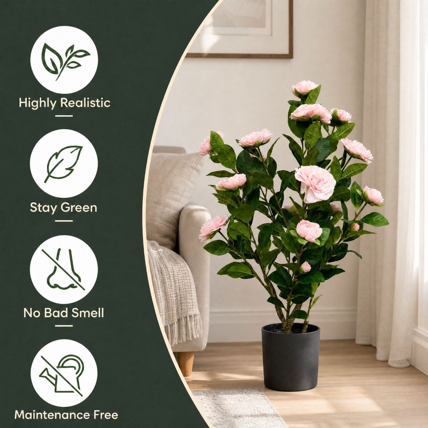 Easy4Home 2.6FT Artificial Flower Plant Fake Camellia Tree Potted Indoor, Pink