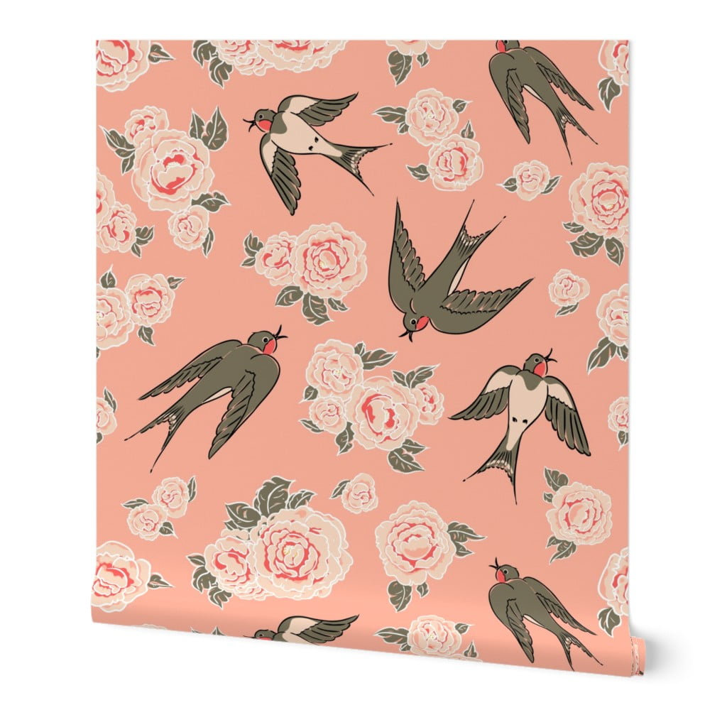Wallpaper Roll Swallow Blush Pink Floral Bird Nursery Decor 24in X 27ft Walmart Com Walmart Com
