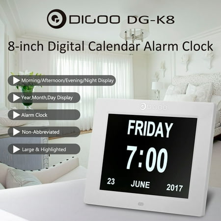 Large Screen Calendar, Digoo DG-K8 8.5 inch Memory Loss Calendar Alarm Clock, Home Office Desk Table Wall Mount Clock with Week 12/24 Time Date Display, 3 Alarm
