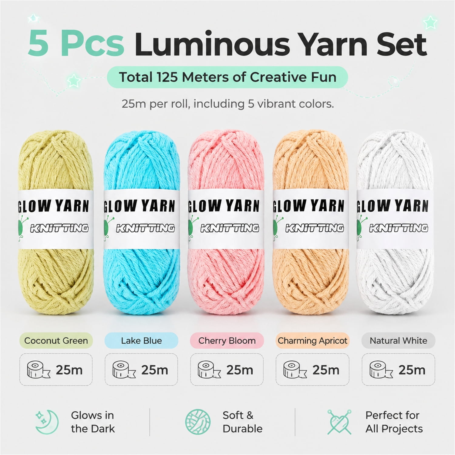 NOGIS 5 Pcs Glow in The Dark Yarn(Each 50yd),DIY Glow Yarn for Knitting Luminous Yarn for Crocheting Sewing Supplies for Crocheting for DIY Arts, Crafts & Sewing Beginners (Colors B)