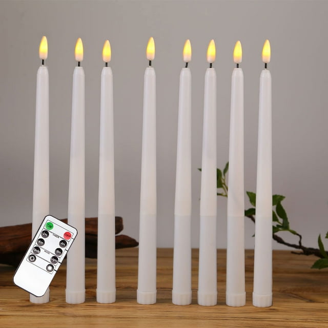 Velas cónicas de marfil sin llama parpadeantes con control remoto de 10 teclas, paquete de 8 de cera real con pilas, decoración navideña para el hogar y la boda