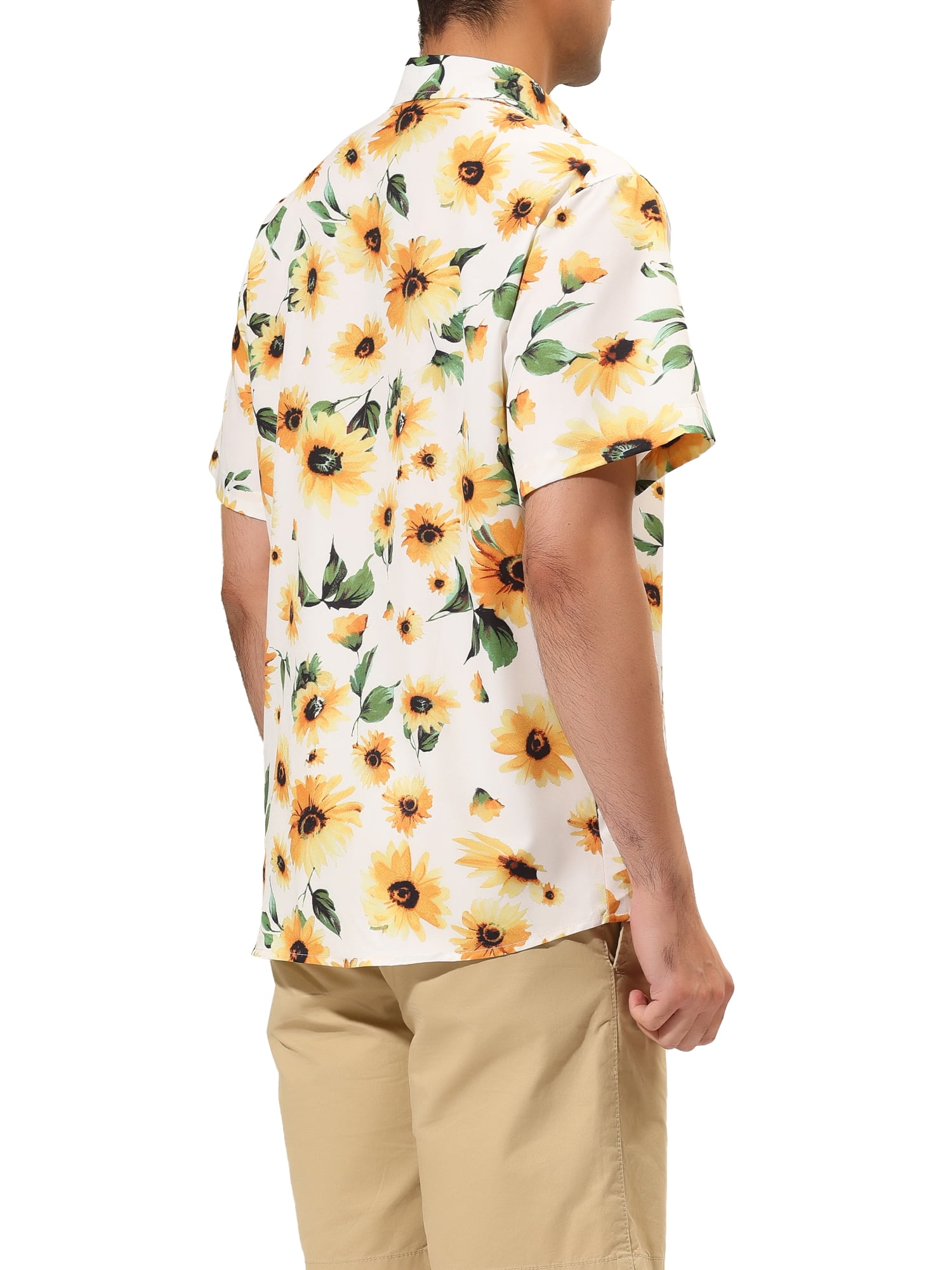 Unique Bargains Men's Summer Sunflower Printed Short Sleeve Button Down Shirt M White