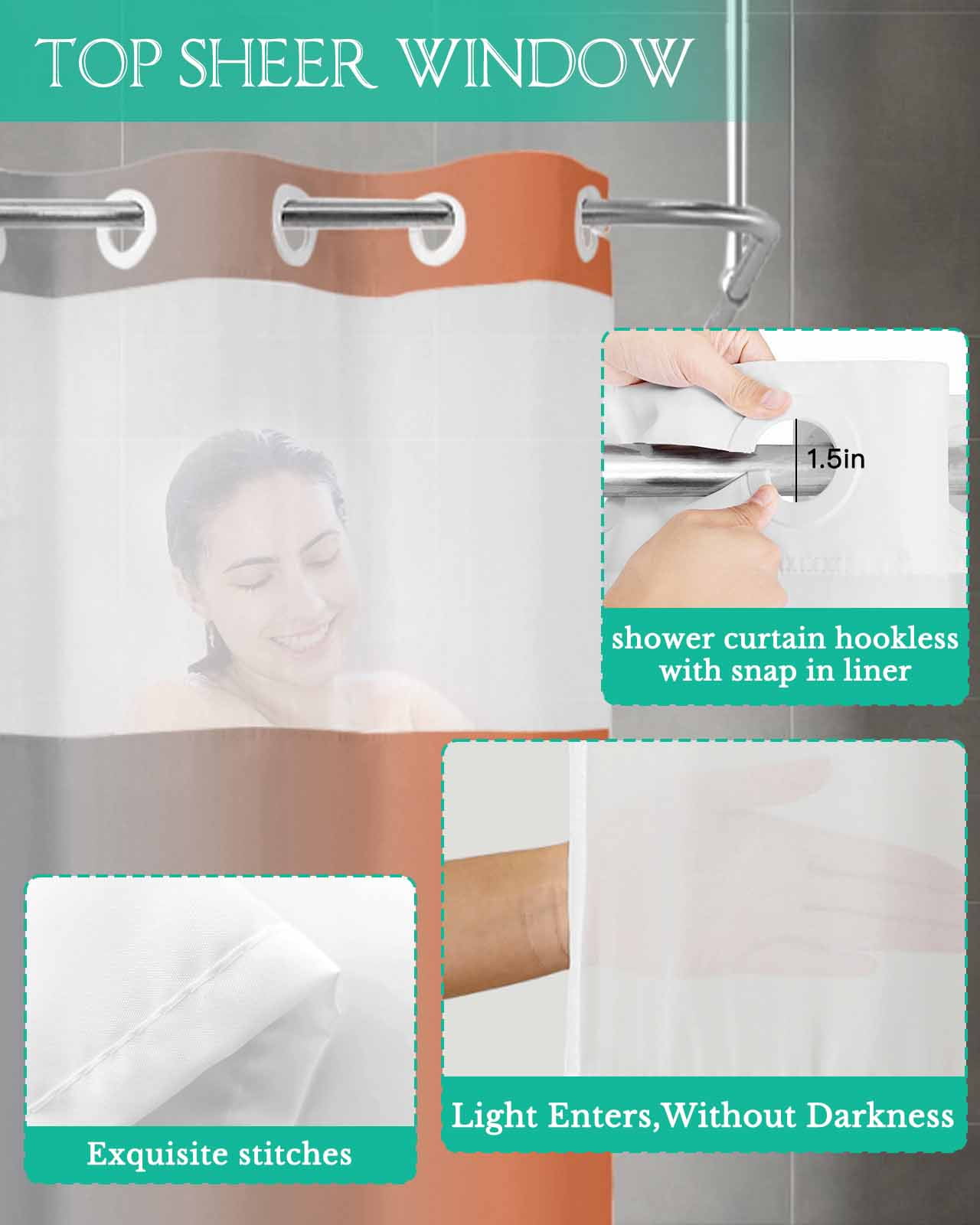 No Hook Shower Curtain with Snap in Liner, Ombre Abstract Gradient Orange and Gray Hotel Shower Curtains for Bathroom, Washable Shower Curtain Liner Set with Mesh Top Window, 72"x96"