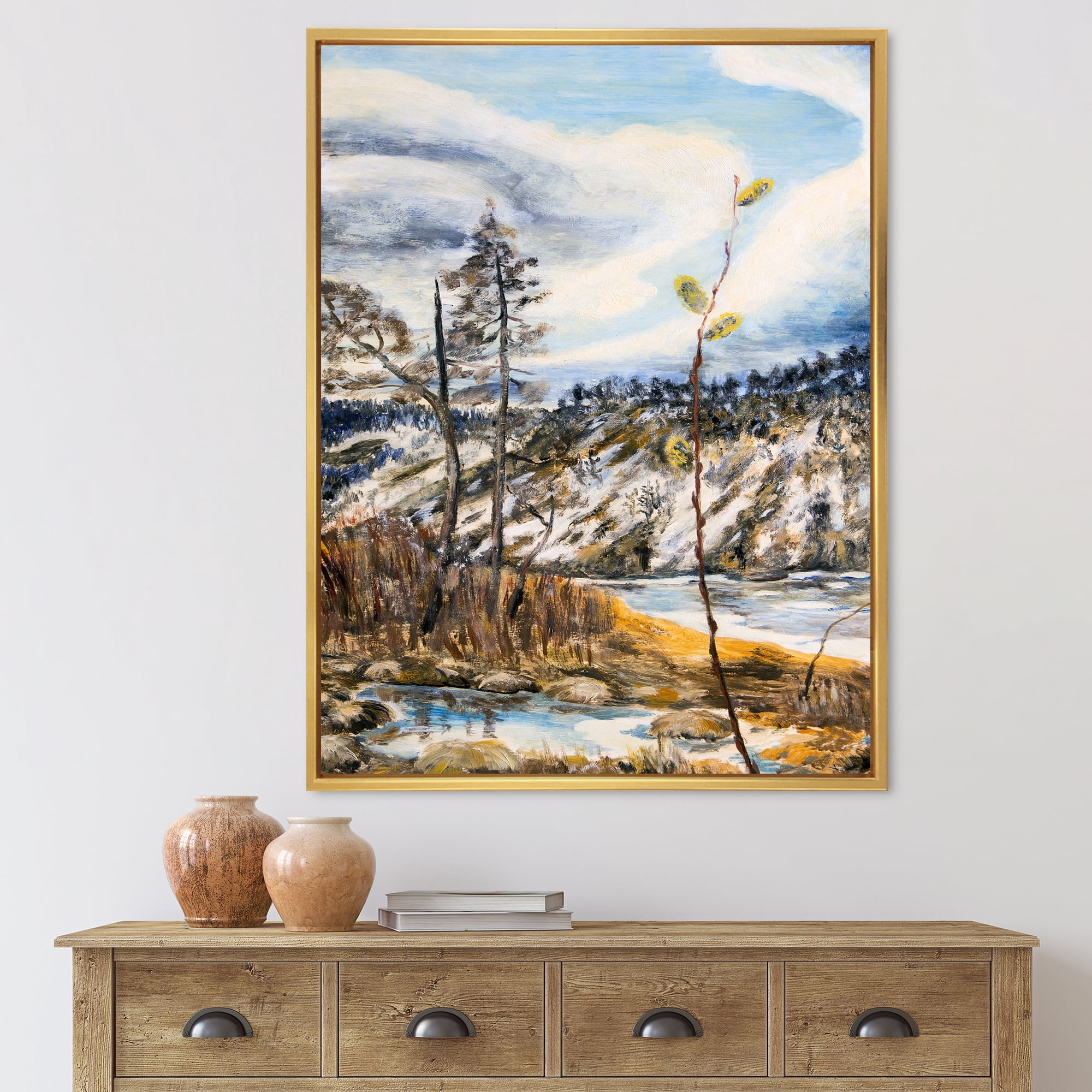 Designart 'The Cloudy Sky and The River With Spring Landscape' Lake House Framed Canvas Wall Art Print