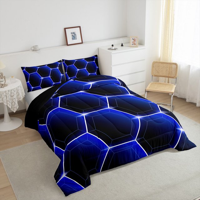 Honeycomb Comforter Set Twin Size 3D Stereoscopic Black and Blue Hexagon Bedding Sets Geometric Hexagonal Beehive Quilt Simplistic Geometrical Geometry Room Decor