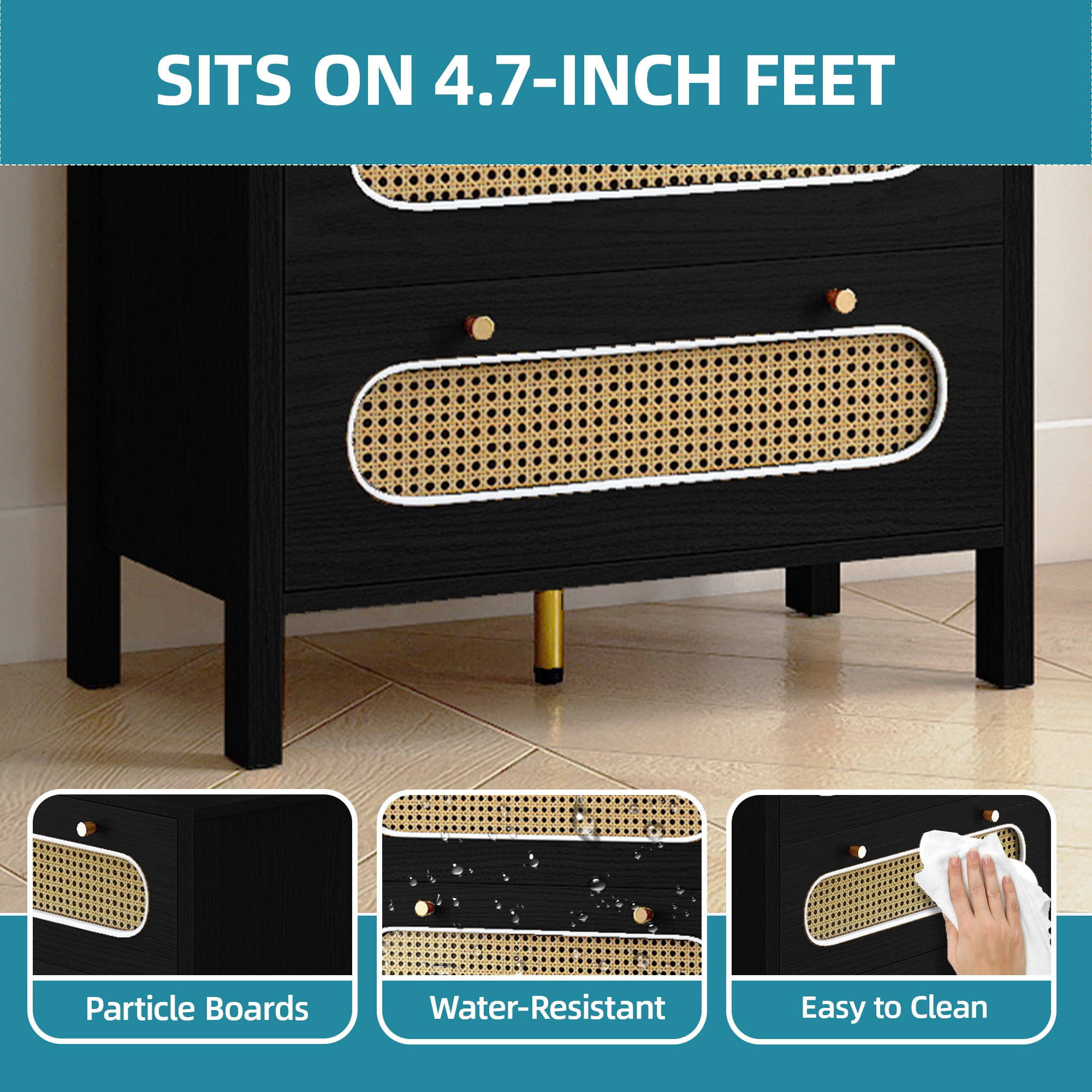 Uforic 47" 5 Drawer Tall Rattan Vertical Dresser with Metal Handles, Chest of Drawers for Bedroom, Living Room, Black Oak