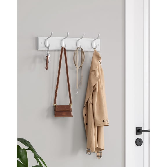 SONGMICS Set of 2 Wall-Mounted Coat Rack, Hook Rack, 8 Dual Metal Hooks, for Coats, Bags, Keys, in The Entryway, Bedroom, Living Room, White