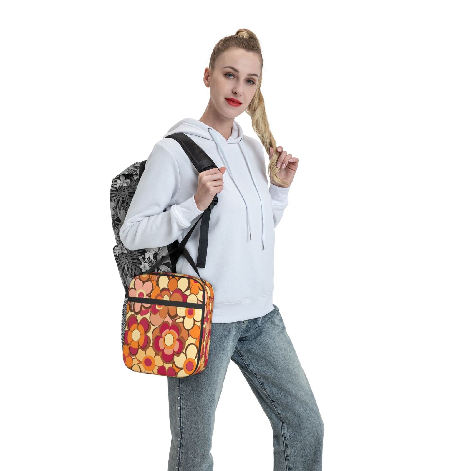 Lunch Bag For Women Men Insulated Portable Lunch Box Bento Box Office Picnic Travel Cooler Bag Retro Groovy Flowers Pattern (13)