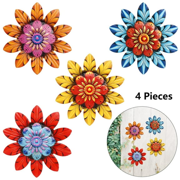 4Pcs Metal Flower Wall Decor Outdoor Garden Hanging Sculpture 4 Styles Colorful Metal Flower Decor for Patio Garden Fence Yard Patio Balcony Living Room