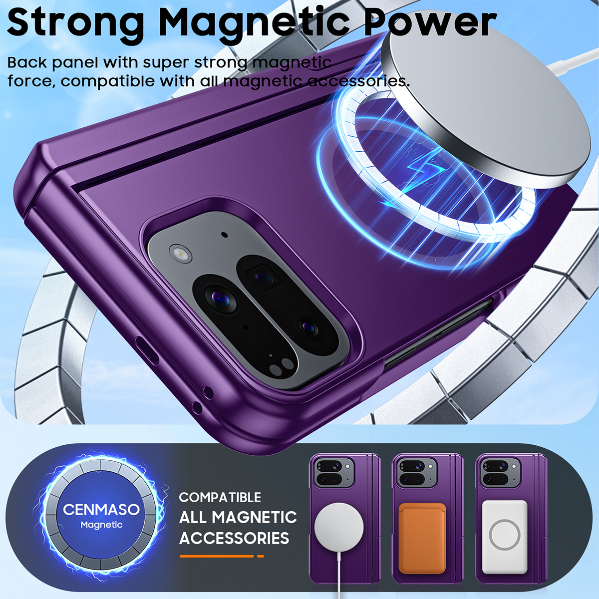 Vizvera Magnetic for Google Pixel 10 Pro Fold Case with Stand, Fit for Magsafe, Hinge Protection, Screen Protector, Built-in Hidden Kickstand, Slim Shockproof Phone Case-Purple