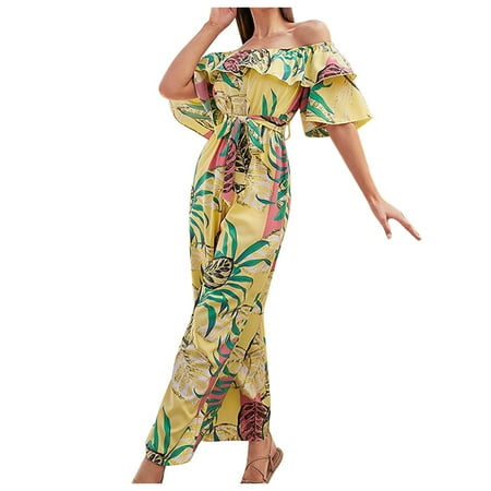 

Summer Jumpsuit For Women Short Sleeve Off Shoulder Chiffon Fashion Resort Beach Overalls Beige L