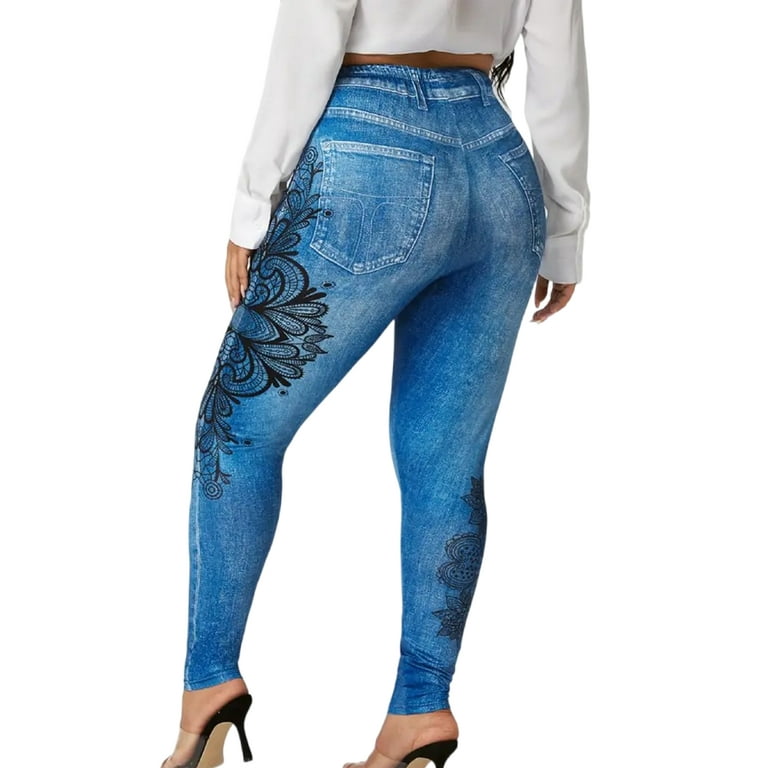 Sanviglor Ladies Fake Jeans Floral Print Faux Denim Pant Elastic
