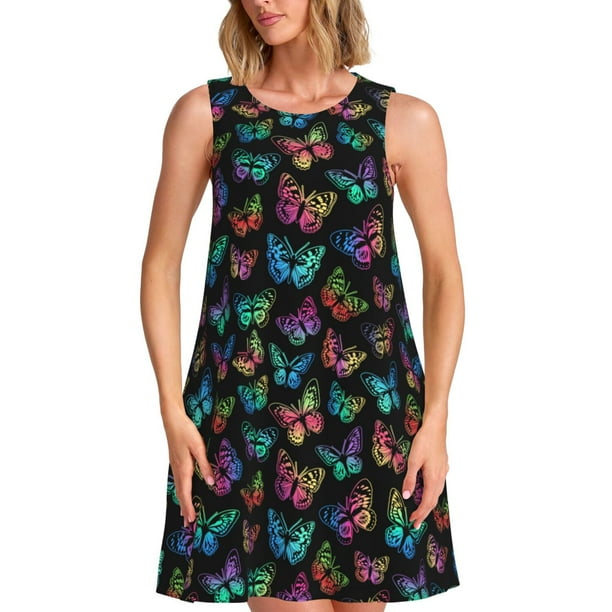 Fotbe Multicolored Butterflies Vestido de Verano sin Mangas para Mujer – Vestido Midi Línea A, Estilo Camiseta Floral, Vestido Playero Casual y Fluido