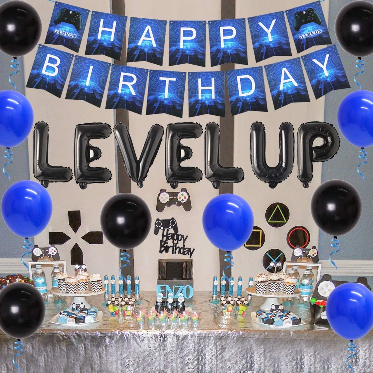 Kit Décoration Anniversaire Thème Jeux Vidéo - Bannière Et Ballons Pixels, 10 Pièces, Pour Fête Gamer