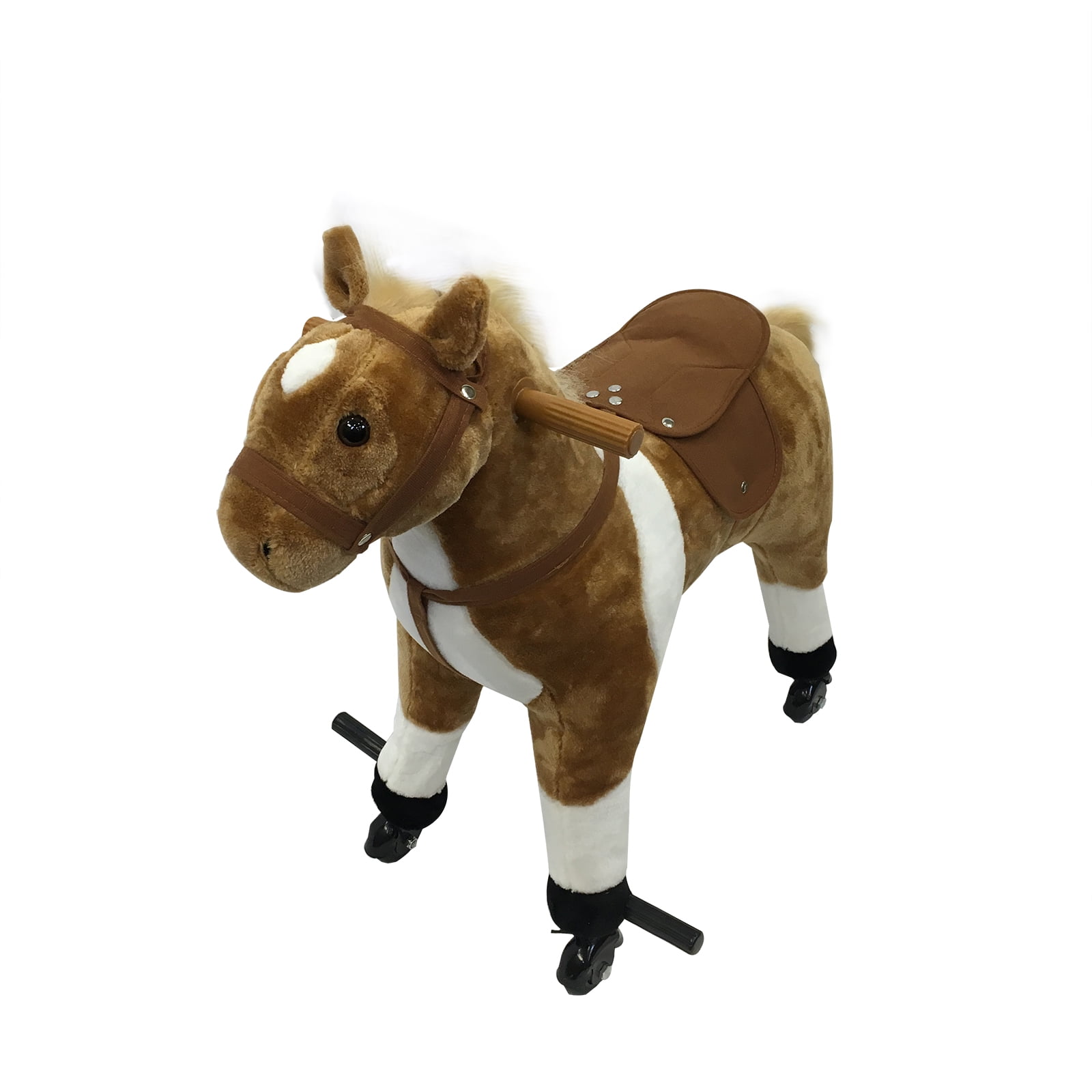 Brown Kids Ride on Walking Horse Wheels Rolling Toy w/Extra Free Doll Toy Pony 
