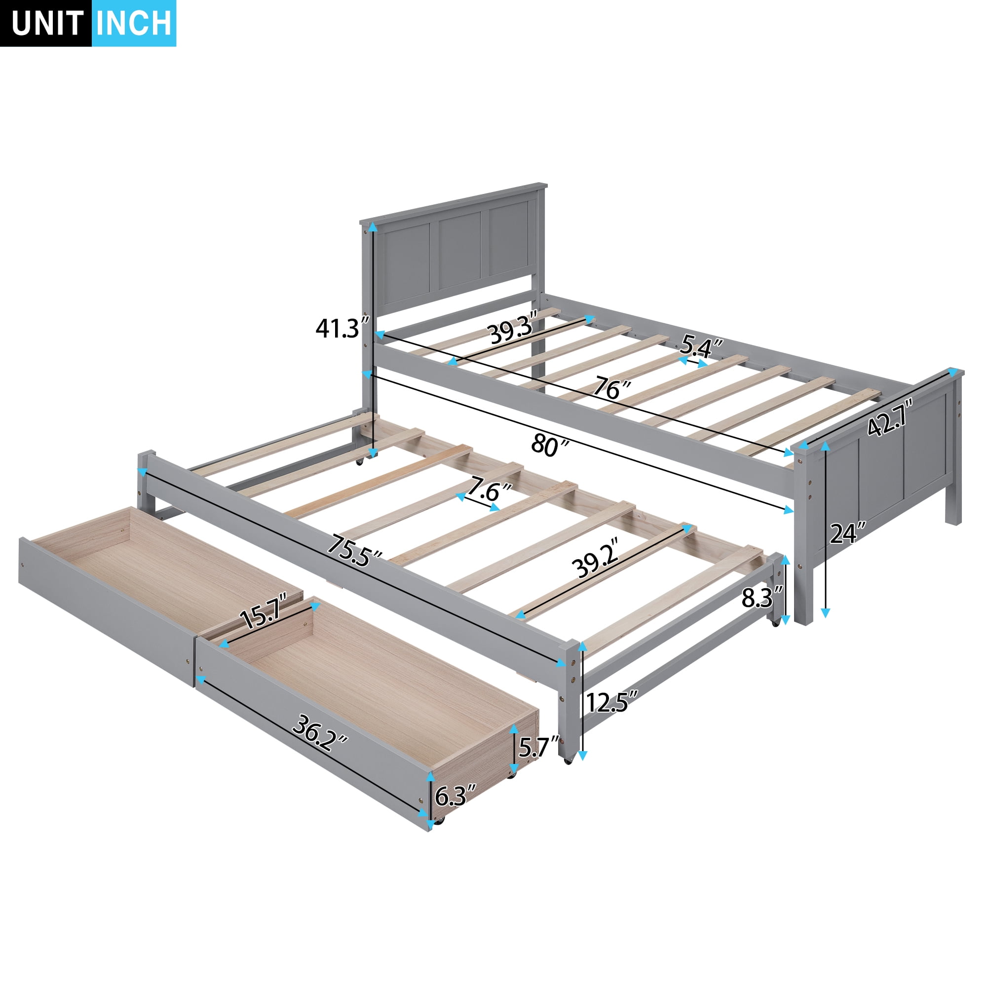 Bellemave Twin Bed with Trundle and 2 Storage Drawers, Wood Platform Bed Frame with Headboard and Trundle Bed, Twin Size Storage Bed for Bedroom (Grey)