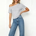 thumbnail image 2 of fheaev Summer Blouses for Women Asymmetric Neck Short Sleeve Loose Fit Lightweight Solid Casual Top Gray L, 2 of 7