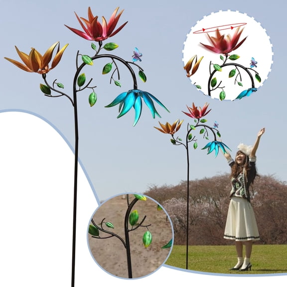 mfyjkho Large Metal Wind Spinner With 3 Spinning Flowers And Butterflies For Yard Garden Outdoor Decoration, 2-Pack
