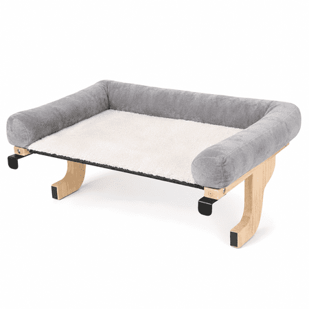 PETSPARX Cat Window Perch with Bolster Bed, 24" Wide Hardwood and Metal Frame Hammock, Washable Gray Cushion, Holds up to 40 lb