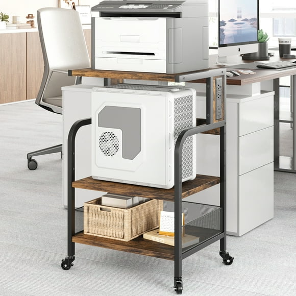 Printer Table for Home Office,3 Tier Printer Stand with Storage and Wheels,Metal Frames & Wooden Laminate Shelves,Printer Cart with Charging Station for Printer Scanner Fax Home Office
