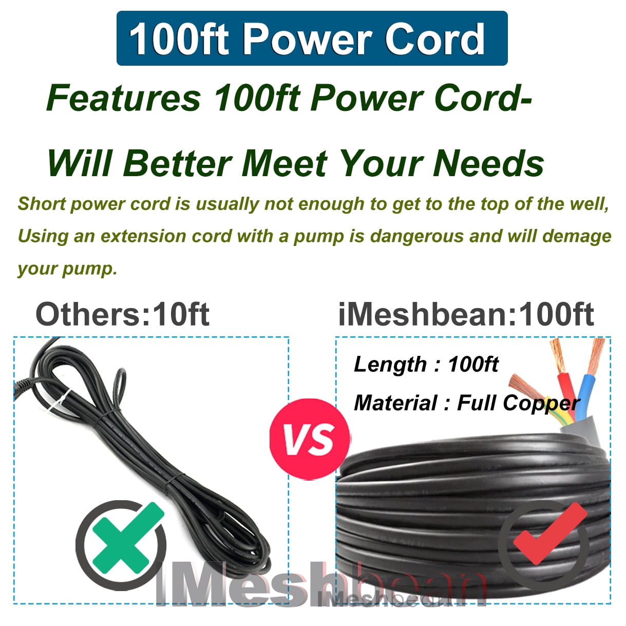 iMeshbean Submersible Well Pump, 2HP 4" Deep Well Pump 220V-60Hz/ 37 GPM/ 427FT Max Lift/ 100FT Cord 12 Stage
